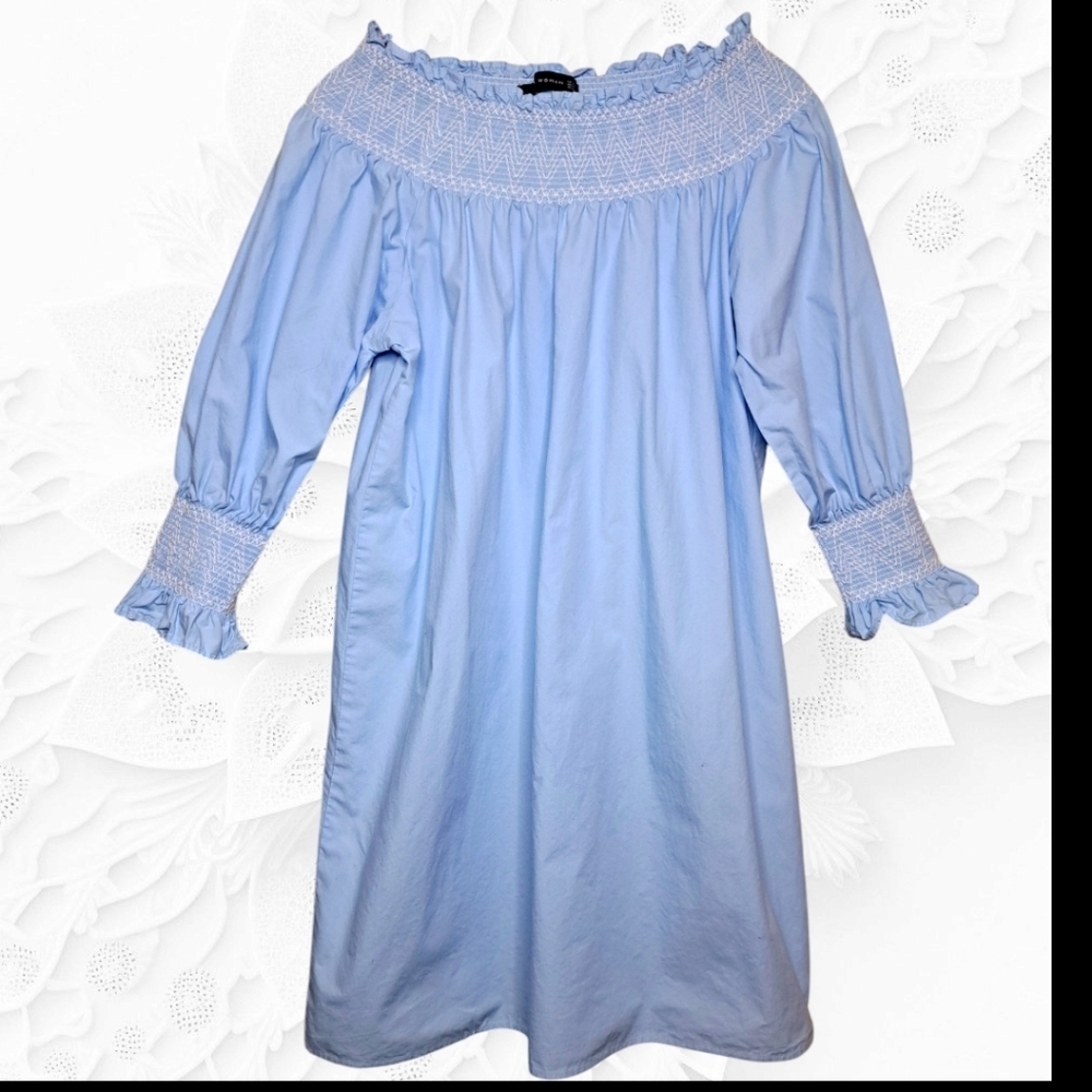 Zara 100% Cotton Off Shoulder Blue Mini Tunic Dress Size XS